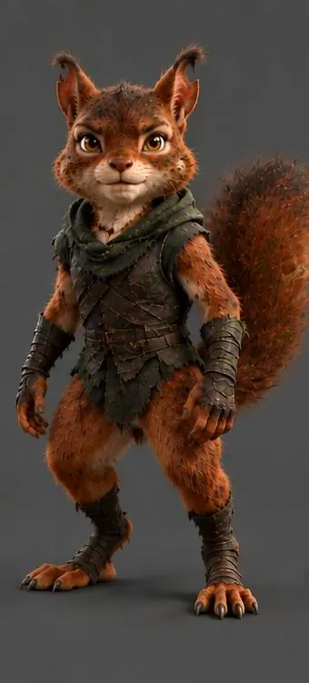 Cade, a young red squirrel with soot in his fur, a notch in his left ear, and a dark green hooded cowl.