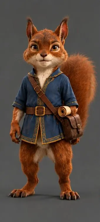 Conor, a young red squirrel in a blue tunic with gold trim, a satchel and a scroll at his side.