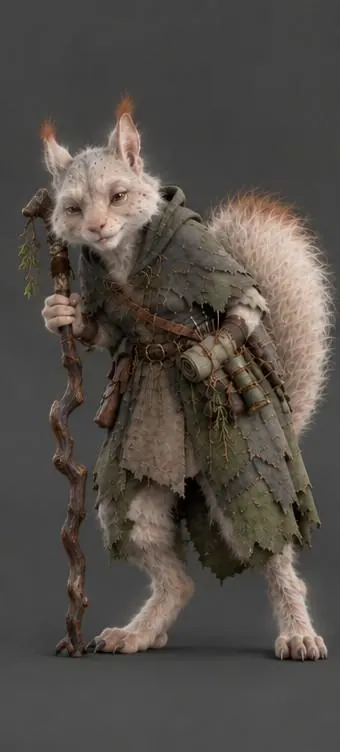 Hesper, a very old squirrel with almost white fur, mended grey-green rags and a crooked walking stick.