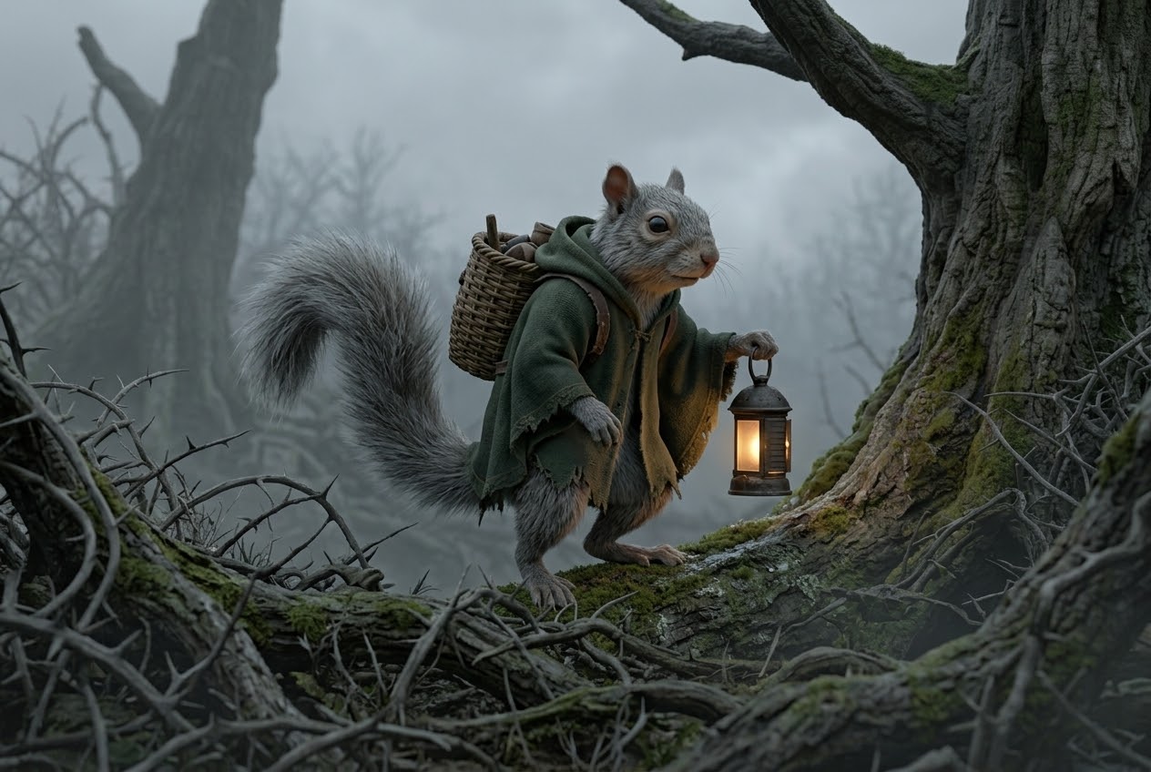 Oswin, an old silver-grey squirrel in a hooded green cloak, with a willow basket on his back and a small lit lantern.