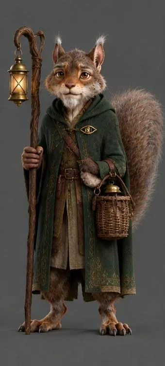 Oswin, an old grey-brown squirrel in a long bottle-green coat, holding a staff with a small lantern.