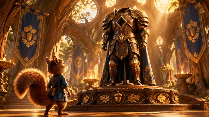 A young squirrel looks up at a tall suit of dark bark armour with gold edges in a sunlit hall.