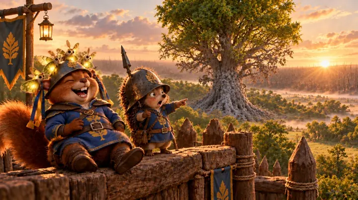 Kingdom sentries in blue on a wooden wall at sunset point toward a single grey dead tree at the edge of the green forest.