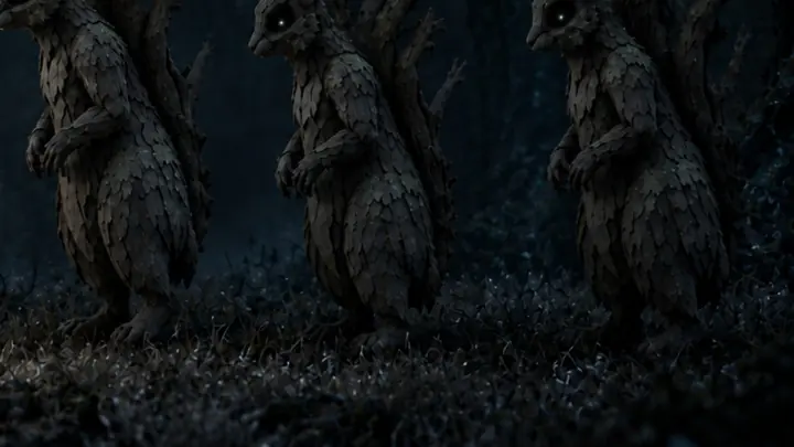 Three grey bark creatures with knothole eyes stand in a row in a dark wood, watching.