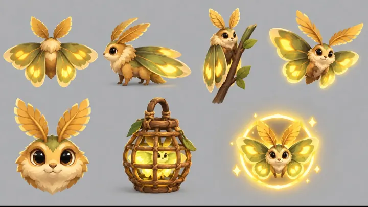 Game-style lantern-moths with glowing golden-green wings, drawn as collectible pickups.