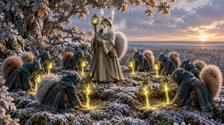 Hooded squirrels kneel in a circle on a frosty treetop at dawn as threads of green-gold light rise into their lanterns.
