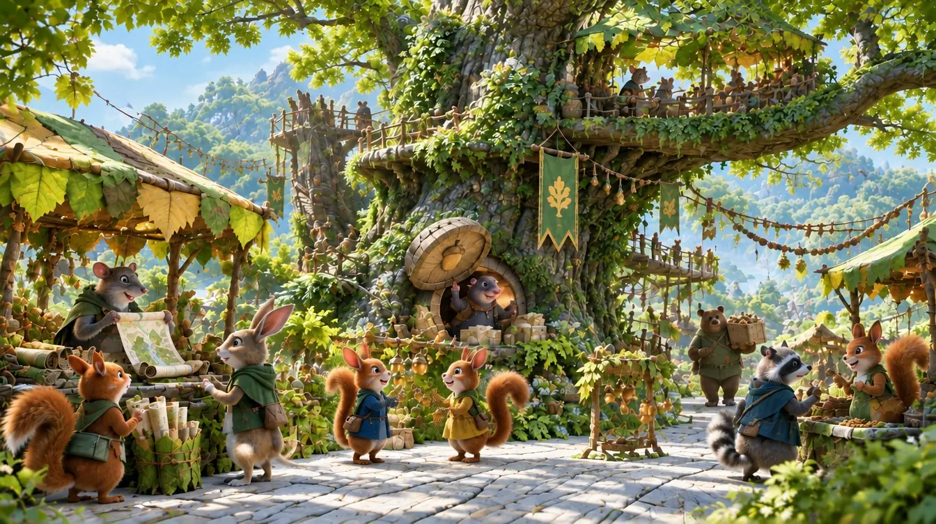 A busy market high in a giant oak: stalls under leaf awnings, rabbits, squirrels and a mole among green banners.