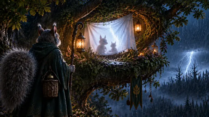 An old squirrel with a lantern on a high bough in a storm at night.